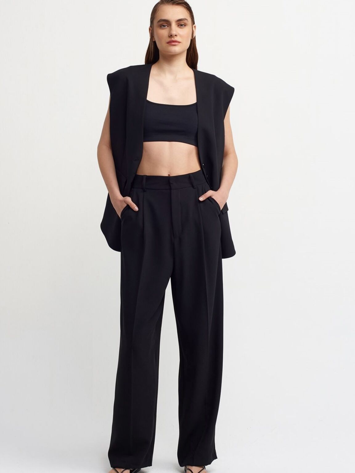 Yüksek Bel Pileli Palazzo Pantolon-Siyah
