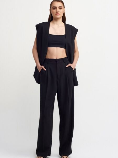 Yüksek Bel Pileli Palazzo Pantolon-Siyah