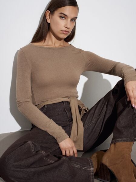 Yün Karışımlı Kayık Yaka Top-Vizon