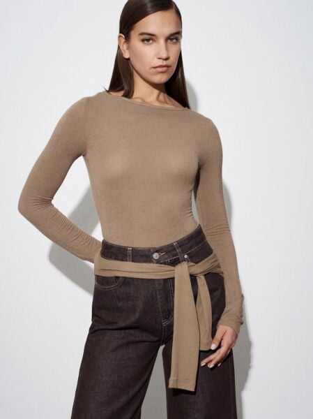 Yün Karışımlı Kayık Yaka Top-Vizon