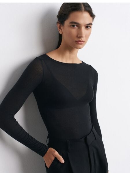 Kayık Yaka Modal Kaşmir Ultra Hafif Bluz-Siyah