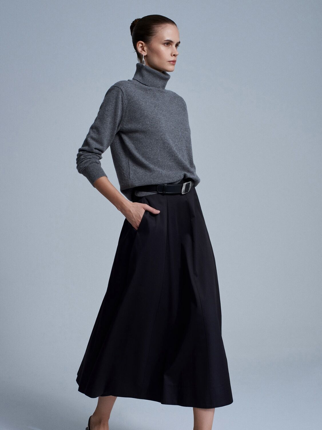 %100 Pamuk Beli Lastikli Midi Etek-Siyah