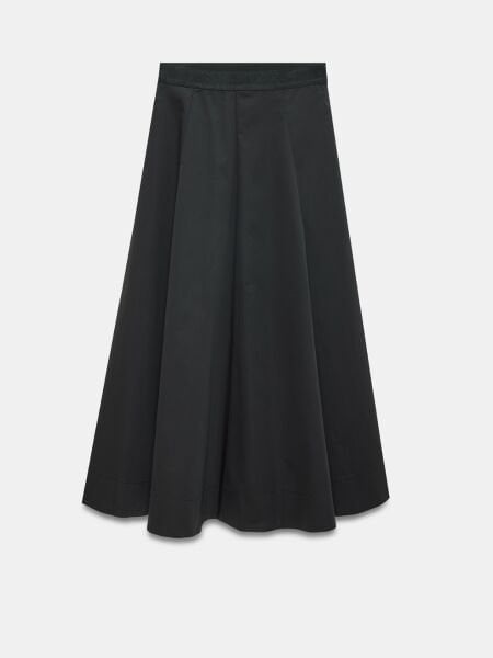 %100 Pamuk Beli Lastikli Midi Etek-Siyah