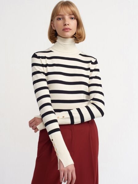 Balıkçı Yaka Çizgili Duroplu Kazak-Krem-Siyah