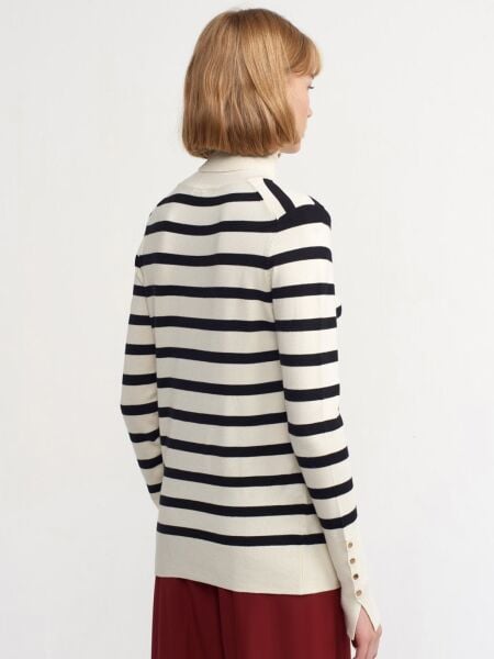 Balıkçı Yaka Çizgili Duroplu Kazak-Krem-Siyah