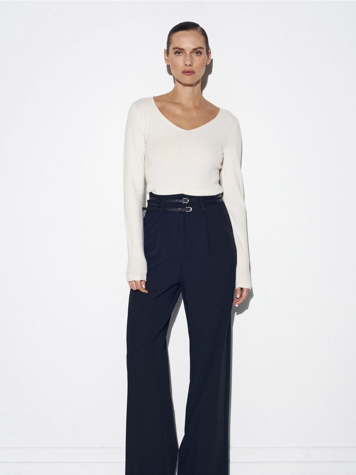 V Yaka Kaşmir Karışımlı Triko Kazak-Ekru