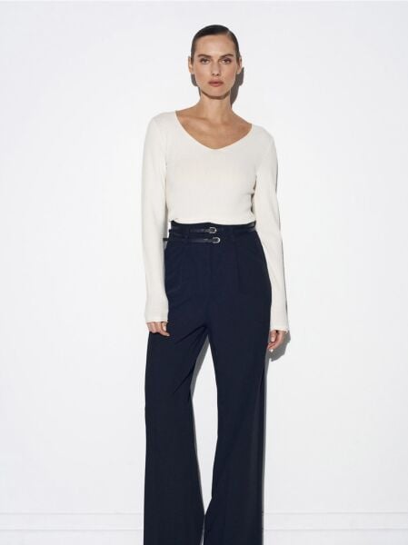 V Yaka Kaşmir Karışımlı Triko Kazak-Ekru