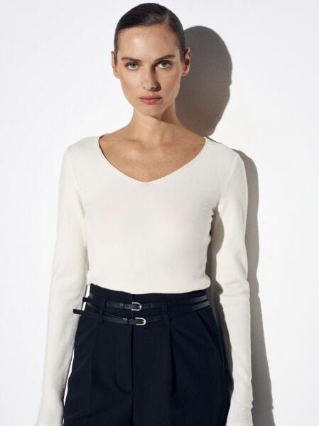 V Yaka Kaşmir Karışımlı Triko Kazak-Ekru