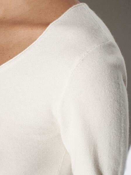 V Yaka Kaşmir Karışımlı Triko Kazak-Ekru