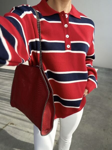 Polo yaka şeritli triko kazak -KIRMIZI