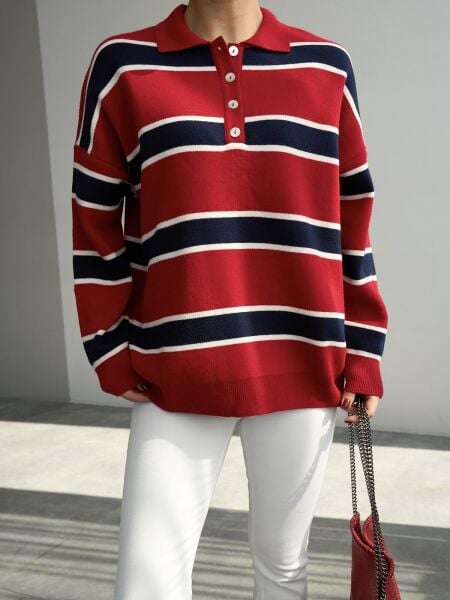 Polo yaka şeritli triko kazak -KIRMIZI