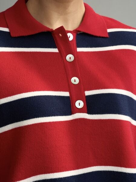 Polo yaka şeritli triko kazak -KIRMIZI