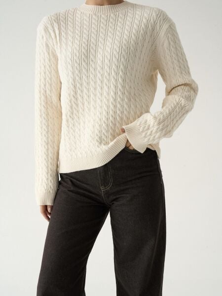 bisiklet yaka saç örgülü kazak-ekru