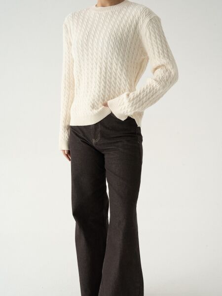 bisiklet yaka saç örgülü kazak-ekru