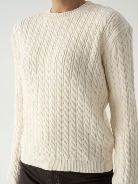 bisiklet yaka saç örgülü kazak-ekru