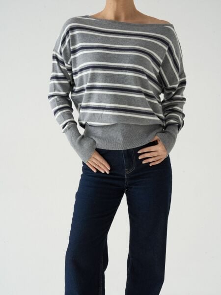 Yumoş dokulu asimetrik kesim şeritli triko -füme