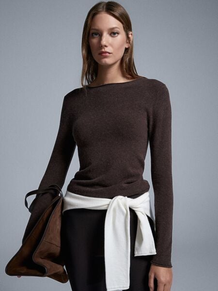 Kayık Yaka Kaşmir Karışımlı Kazak-Kahve