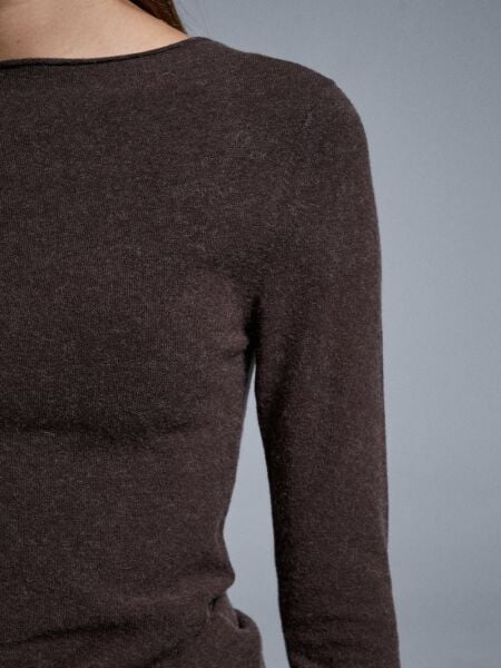 Kayık Yaka Kaşmir Karışımlı Kazak-Kahve