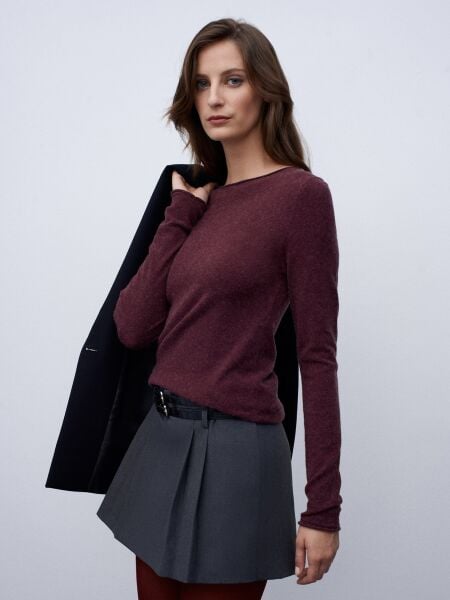 Kayık Yaka Kaşmir Karışımlı Kazak-Bordo