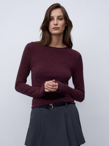 Kayık Yaka Kaşmir Karışımlı Kazak-Bordo
