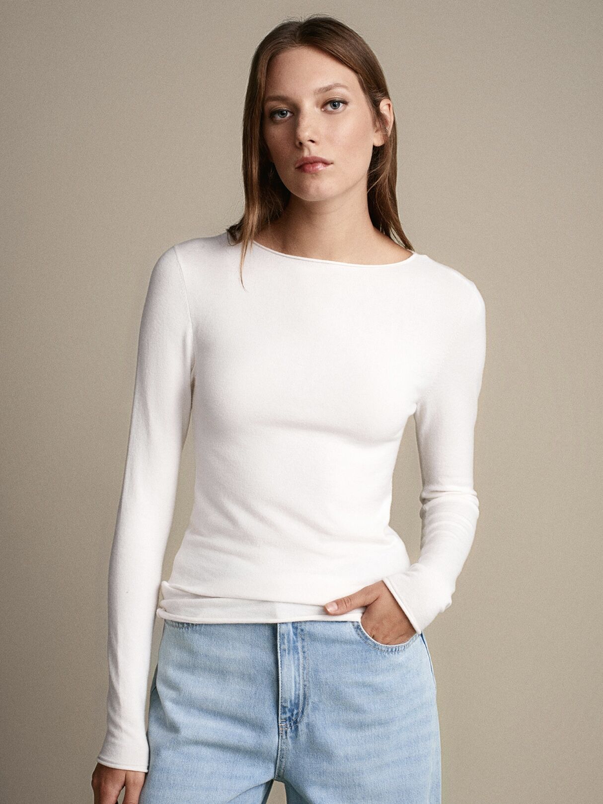 Kayık Yaka Kaşmir Karışımlı Kazak-Ekru