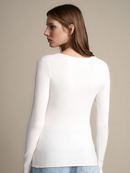 Kayık Yaka Kaşmir Karışımlı Kazak-Ekru