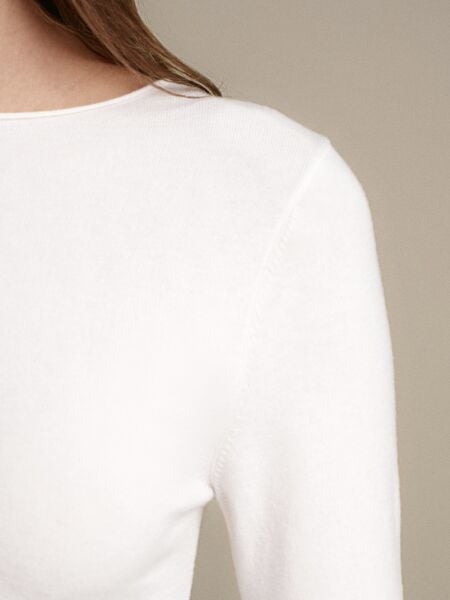 Kayık Yaka Kaşmir Karışımlı Kazak-Ekru