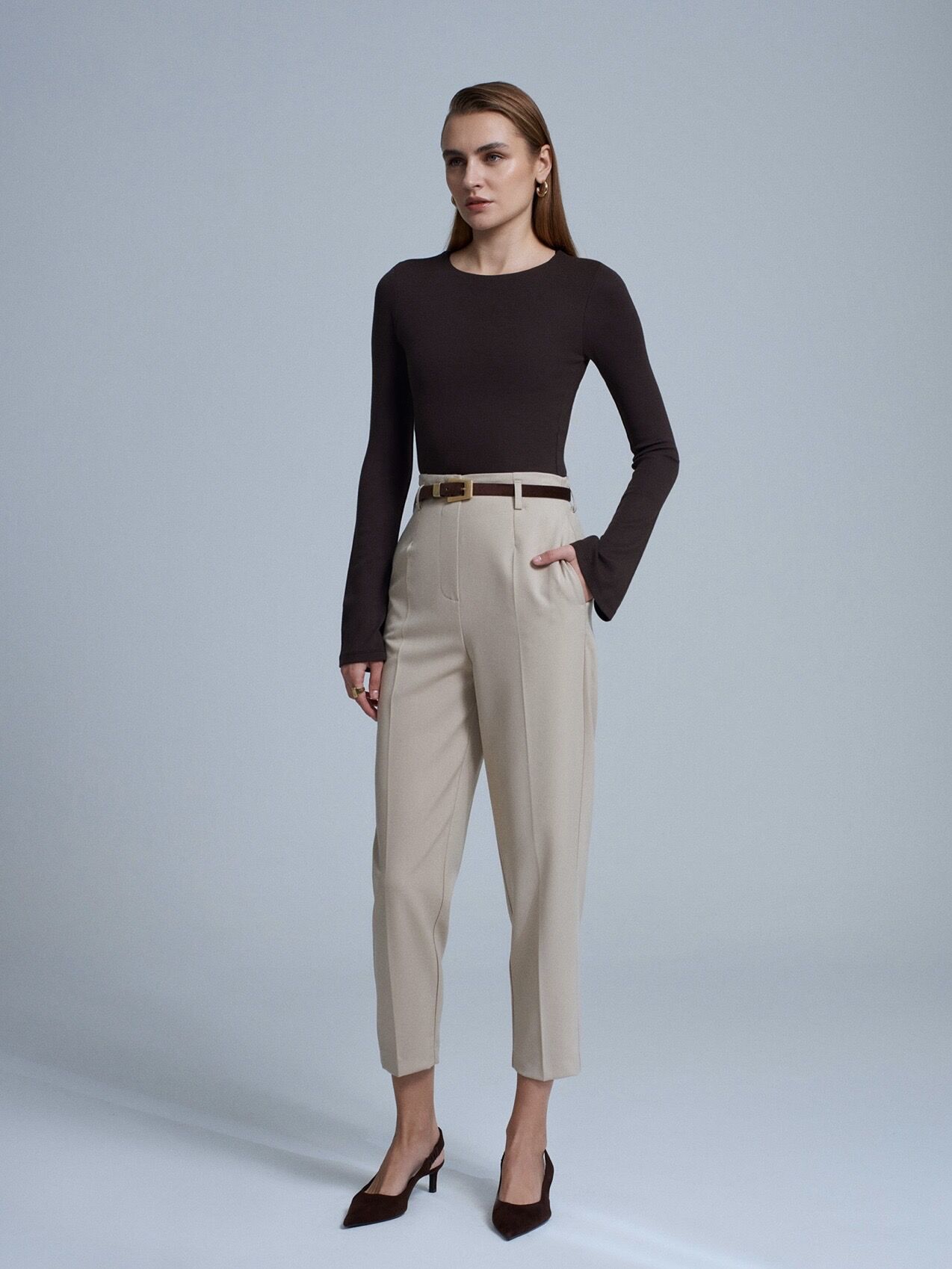 Kemerli Yüksek Bel Pantolon-Taş