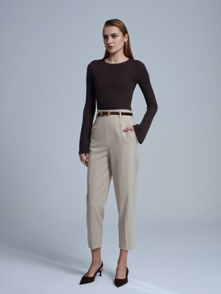 Kemerli Yüksek Bel Pantolon-Taş