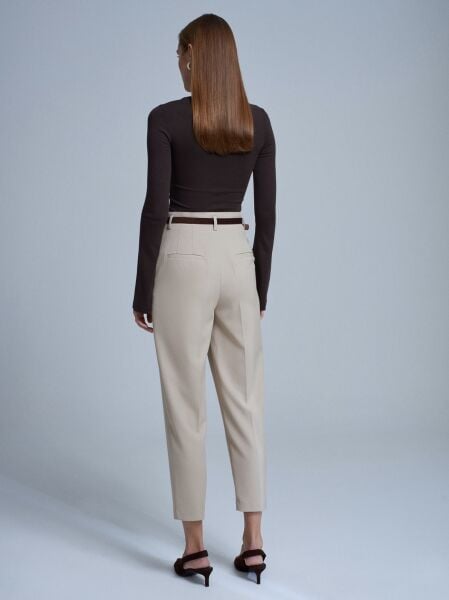 Kemerli Yüksek Bel Pantolon-Taş