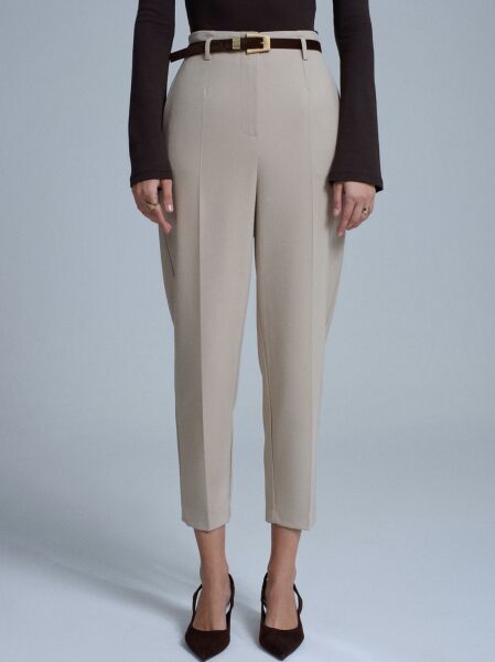 Kemerli Yüksek Bel Pantolon-Taş