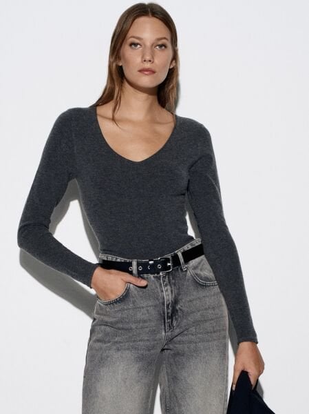 V Yaka Kaşmir Karışımlı Kazak-Bordo