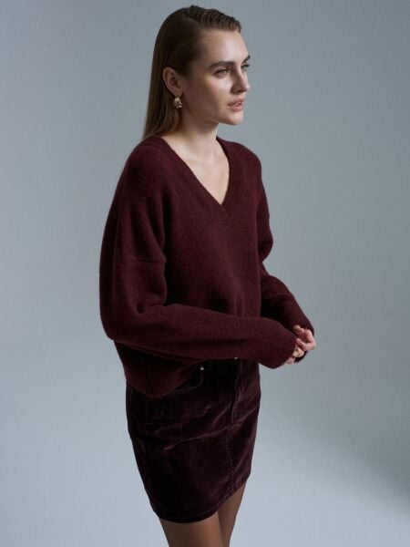 V Yaka Yün Karışımlı Kazak-Mürdüm