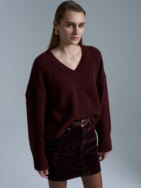 V Yaka Yün Karışımlı Kazak-Mürdüm