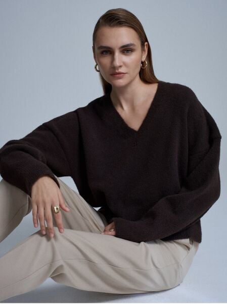 V Yaka Yün Karışımlı Kazak-Koyu Kahve