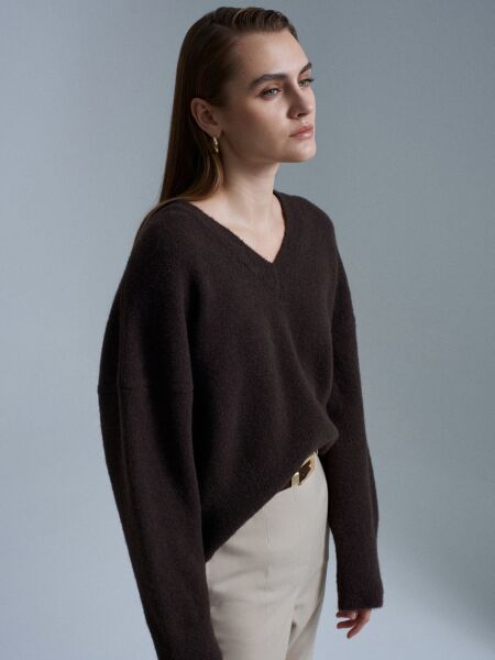 V Yaka Yün Karışımlı Kazak-Koyu Kahve