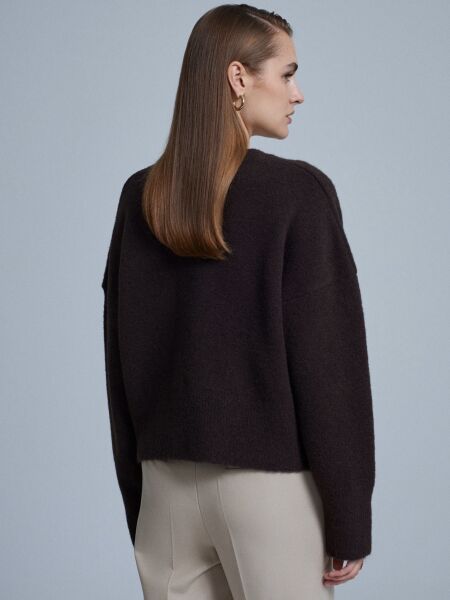 V Yaka Yün Karışımlı Kazak-Koyu Kahve