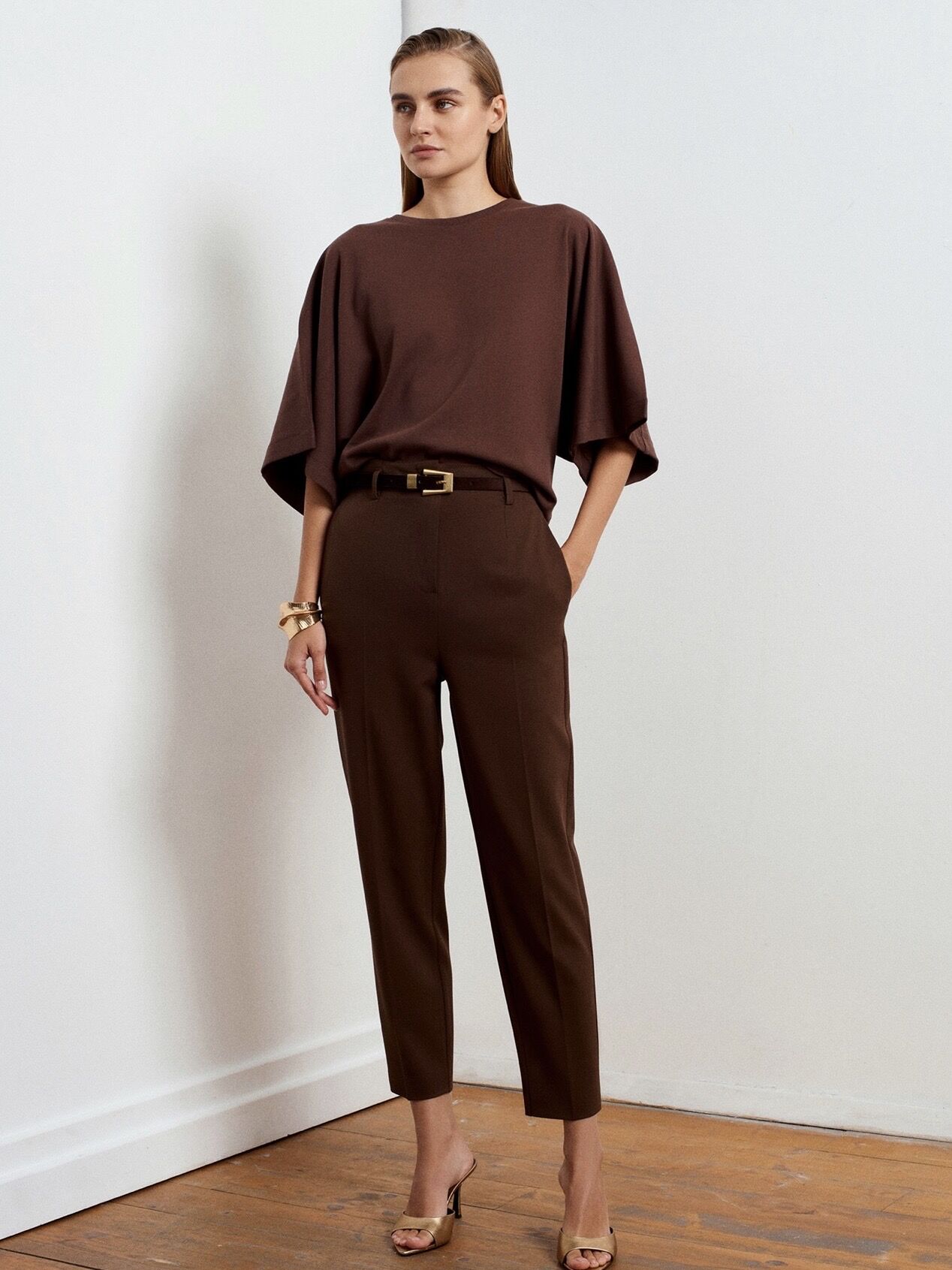 Kemerli Yüksek Bel Pantolon-Kahve