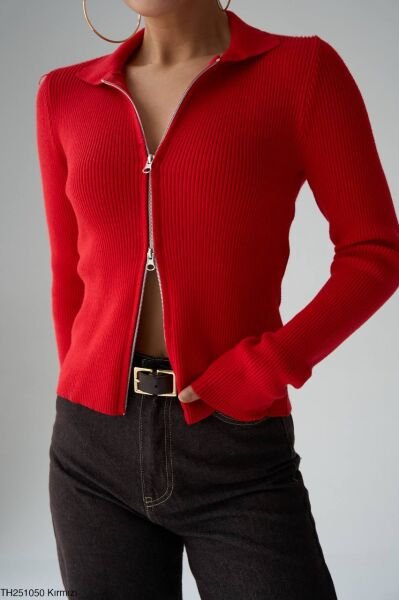 Yumuşak dokulu  Polo Yaka Fermuarlı Casual  Hırka -kırmızı