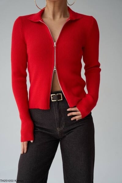 Yumuşak dokulu  Polo Yaka Fermuarlı Casual  Hırka -kırmızı