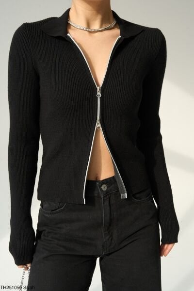 Yumoş dokulu Polo Yaka Fermuarlı Casual Hırka -siyah