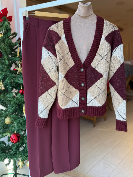 Bordo  baklava desen düğme detaylı hırka