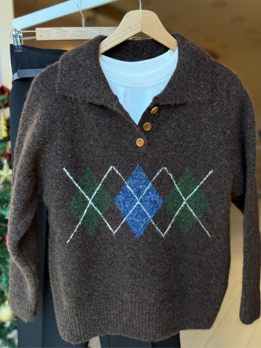 Gömlek yaka baklava dresen triko -kahve