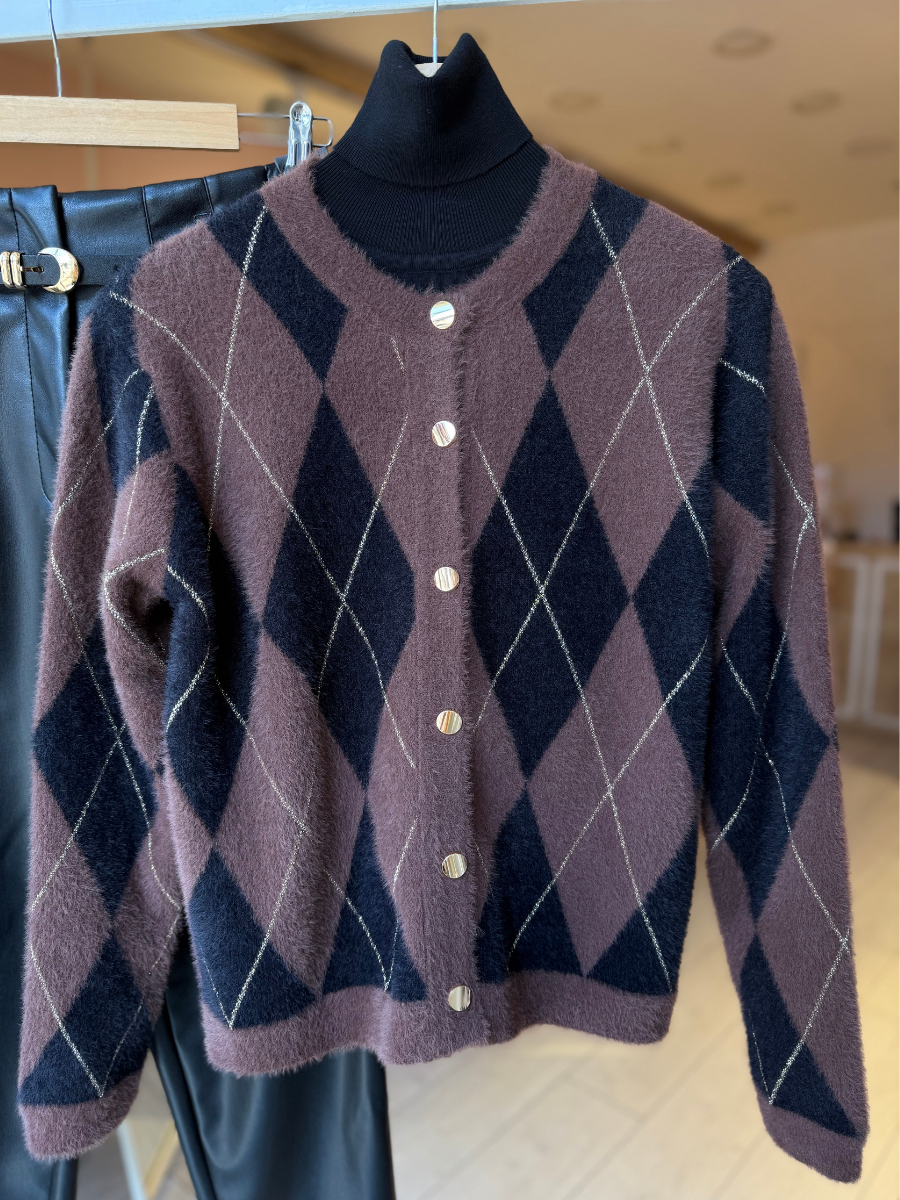 Angora kumaş baklava desenli hırka -kahve