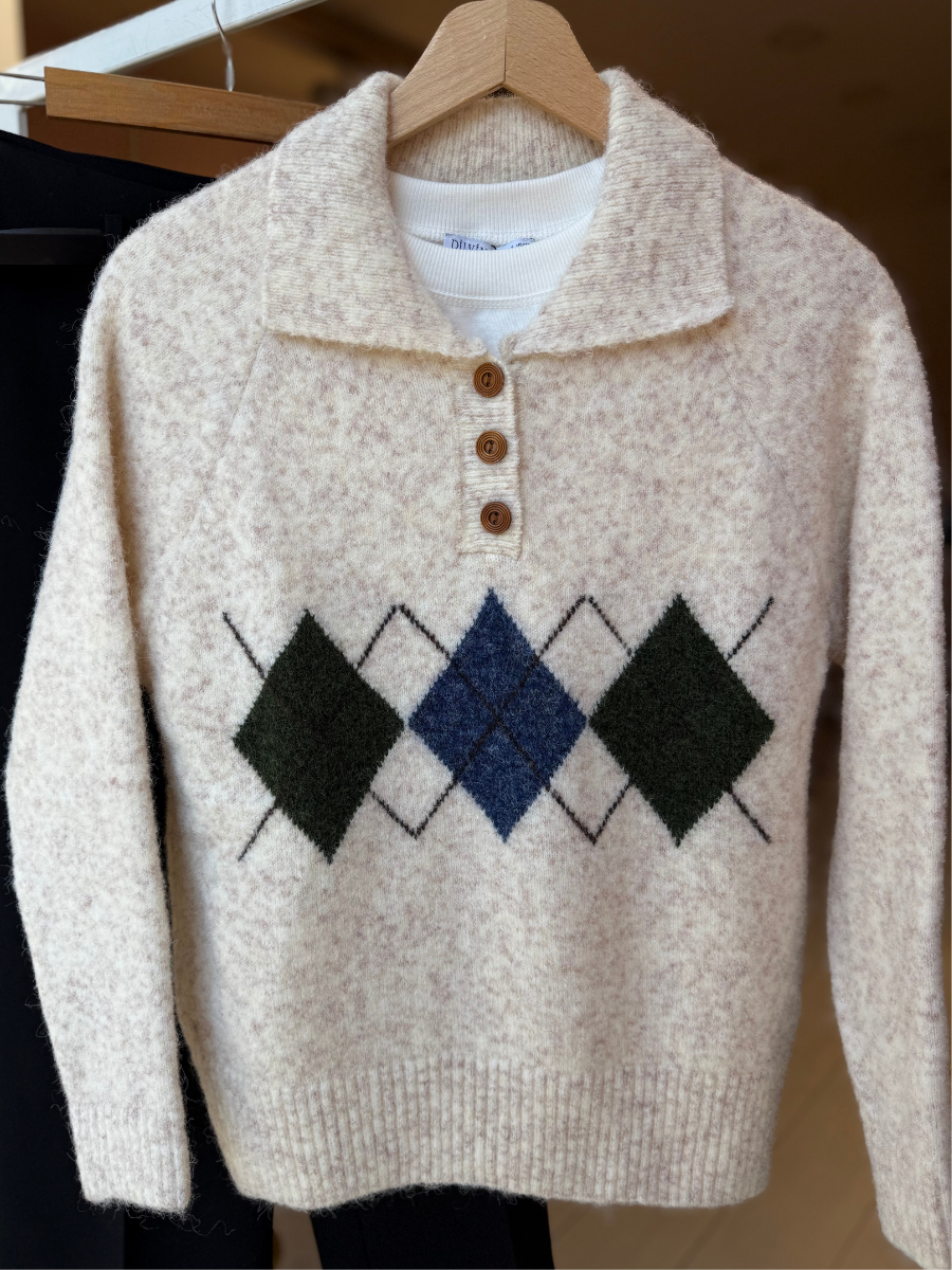 Gömlek yaka baklava desen triko -ekru