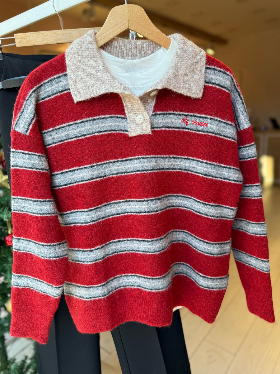 Bej polo yaka ,çizgili triko -kırmızı