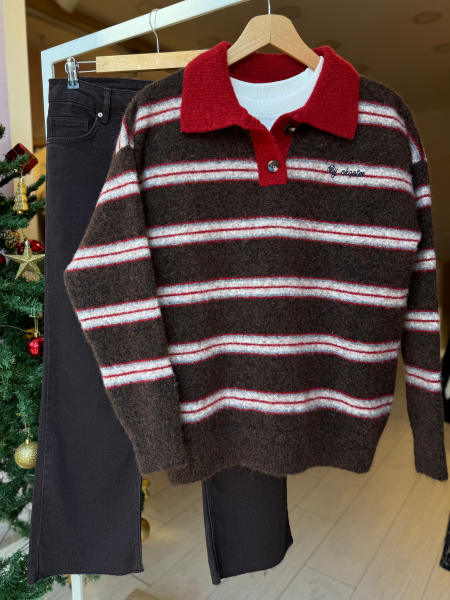 polo yaka çizgili triko -koyu kahve