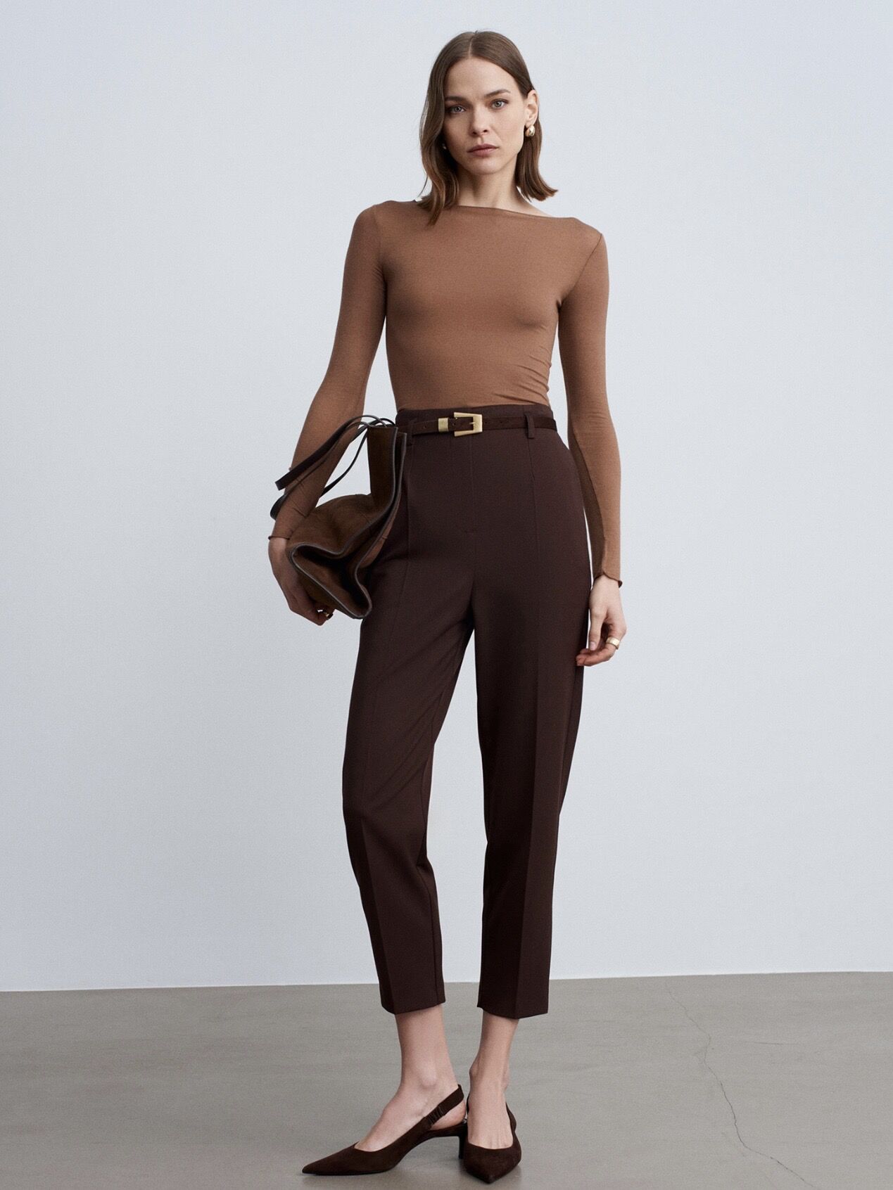 Kemerli Yüksek Bel Pantolon-Kahve