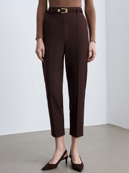Kemerli Yüksek Bel Pantolon-Kahve