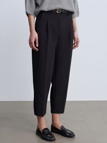 Kemerli Pensli Kumaş Pantolon-Siyah